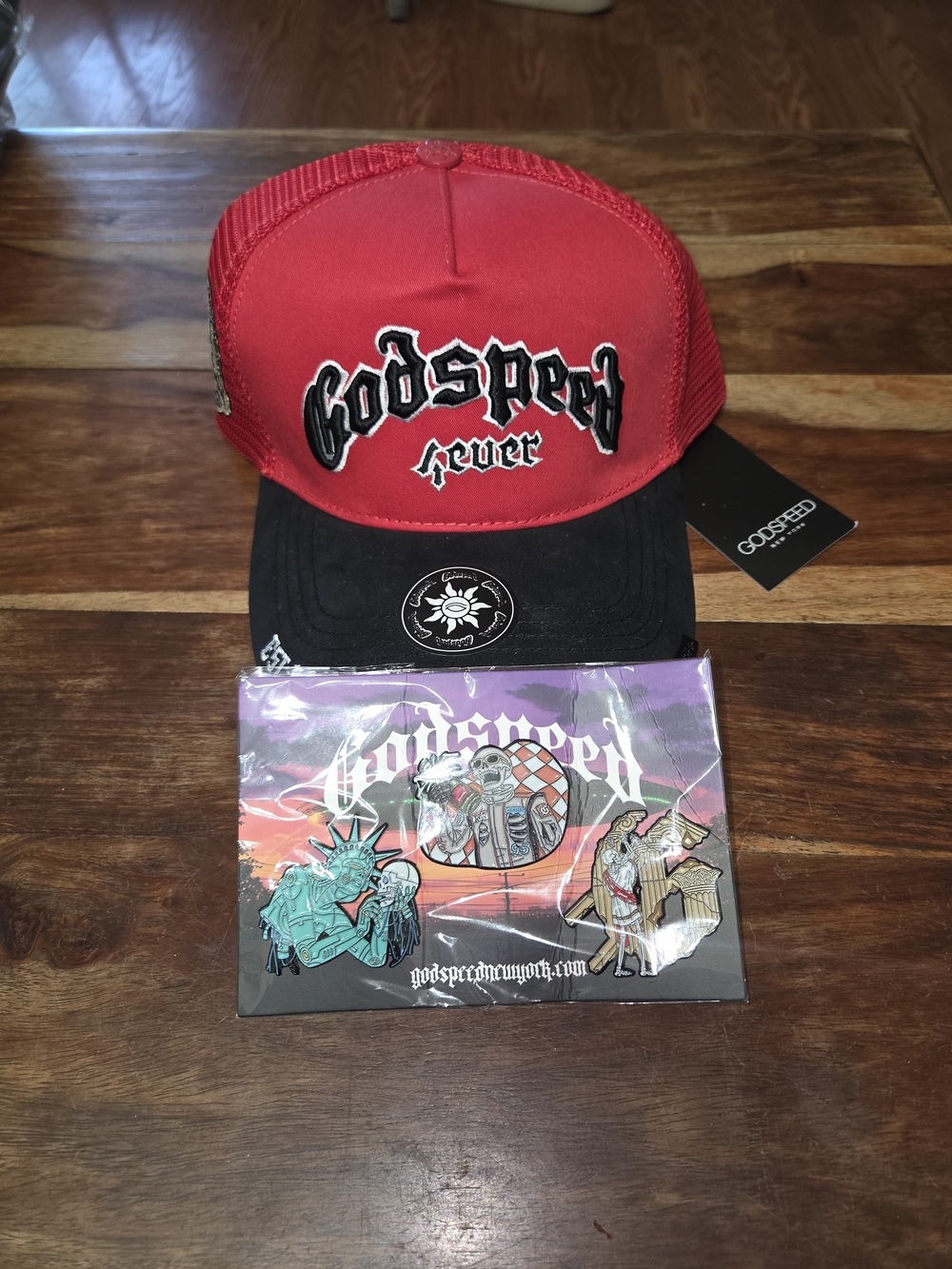 Godspeed New York "4Ever" Trucker Hat + Pin Set. Red/Black. Brand New W/tags!